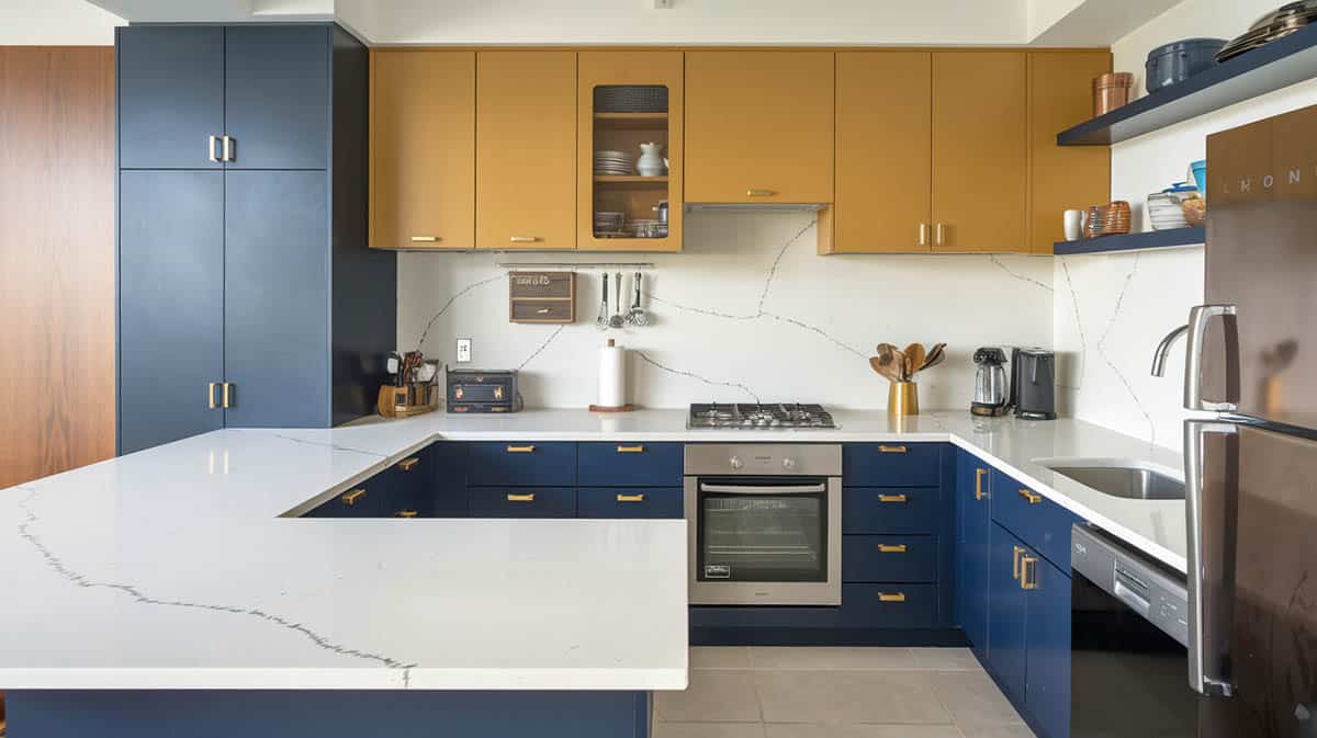 Navy and mustard kitchen with gold hardware and quartz peninsula