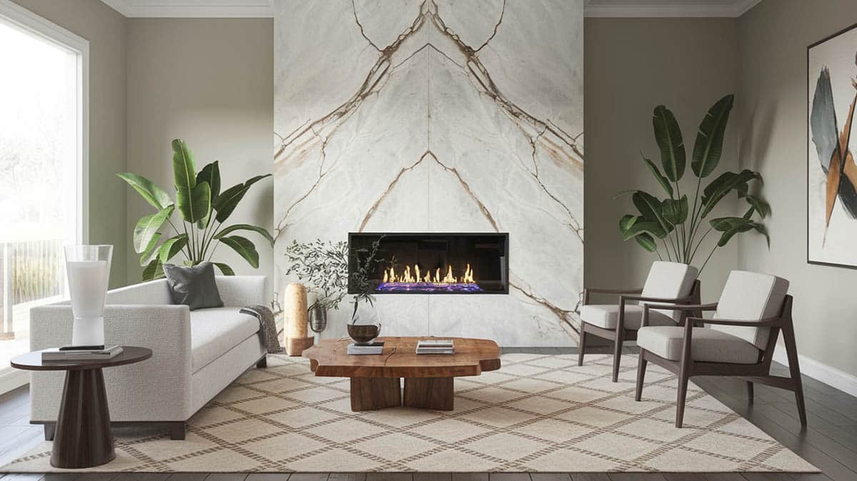 Contemporary living room with beautiful furnishings bookmatched quartz fireplace