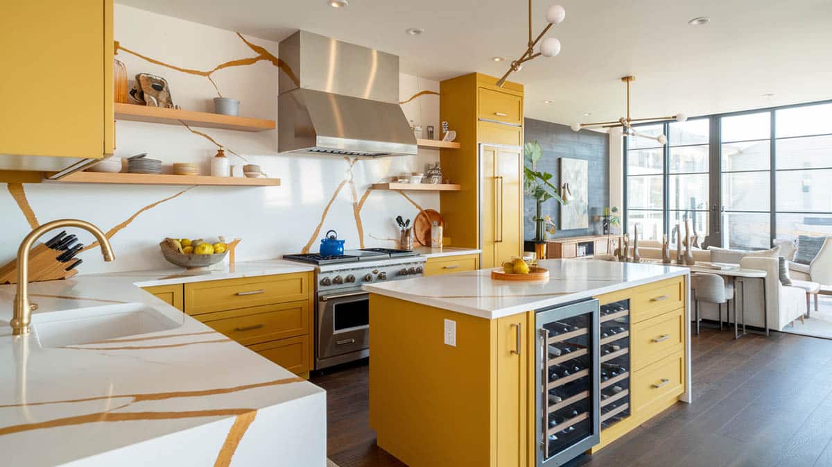 Contemporary open concept kitchen with calacatta gold countertops with bold veining