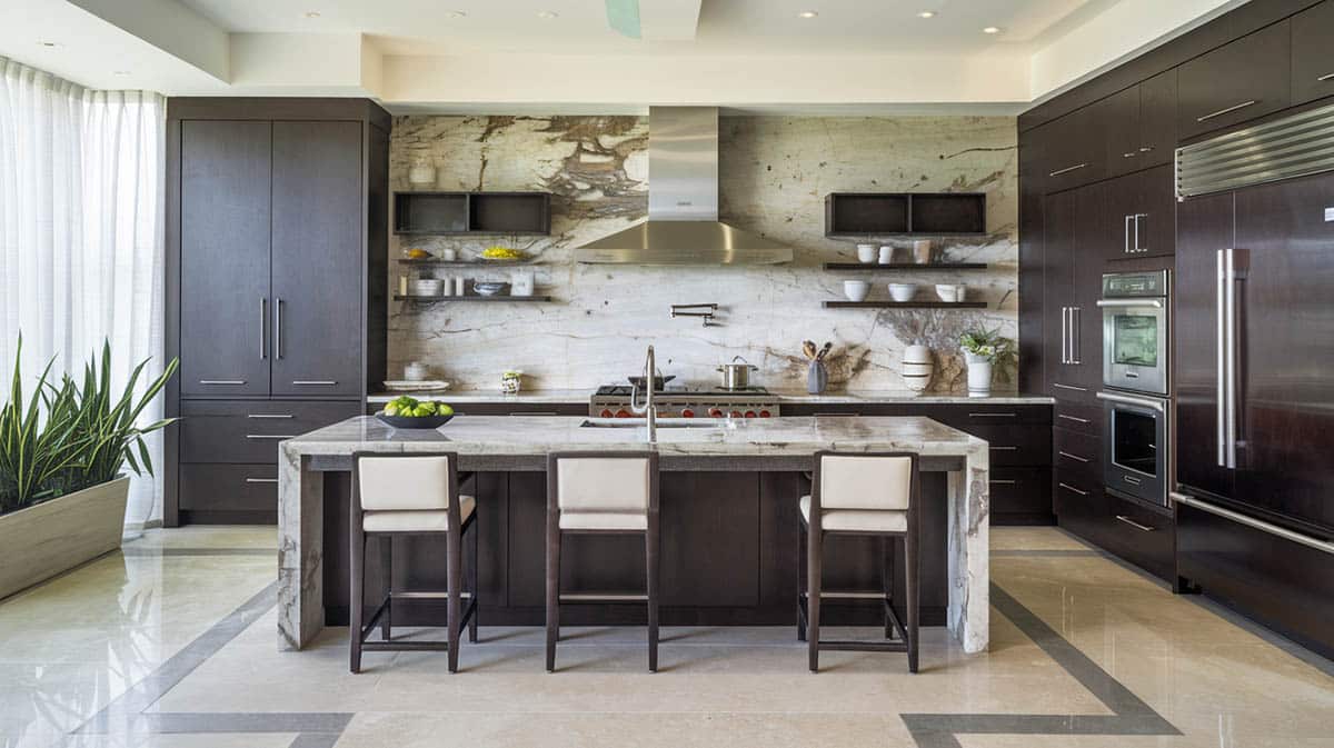 Contemporary style kitchen with espresso cabinets marble countertops and matching backsplash