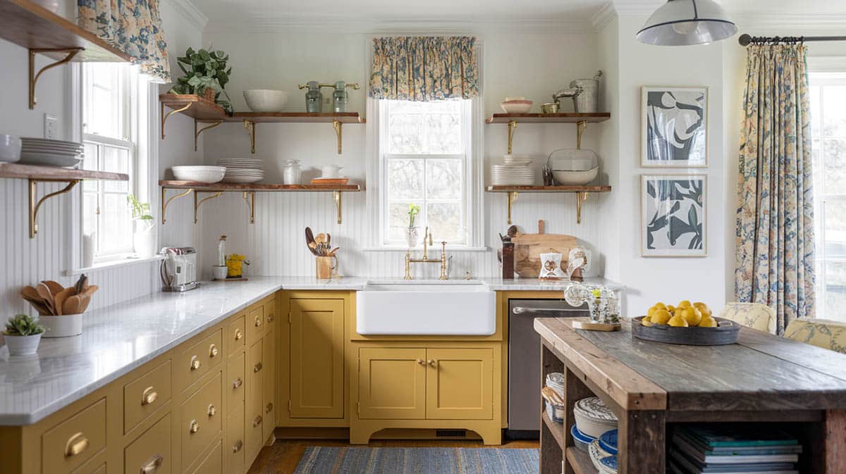 Cottage kitchen with mustard cabinets and white beadboard backsplash with rustic island