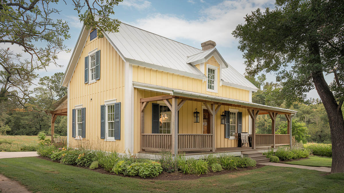 Country home with butter yellow body color and linen white trim