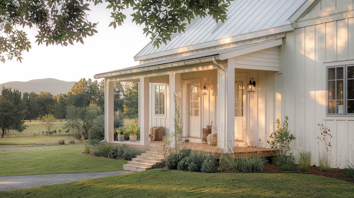 Country style home with warm white exterior and pure white for trim