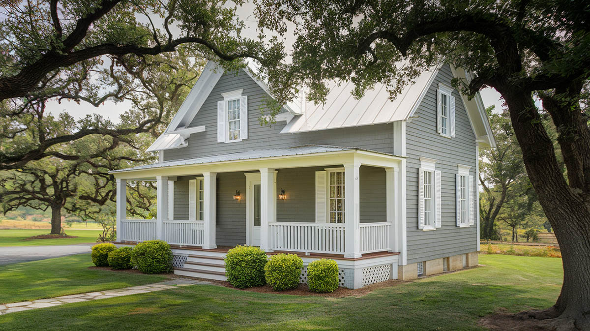 Country house with historic gray for main body and bright white on trim