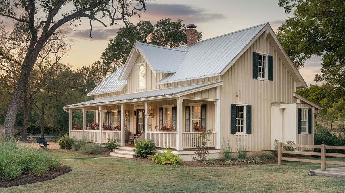 Country design house with beige exterior and trim in creamy white