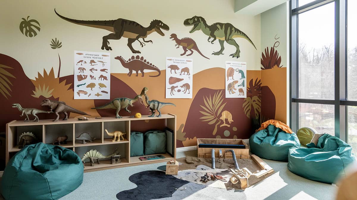 Dinosaur discovery playroom with wall art earthy tones fossil posters