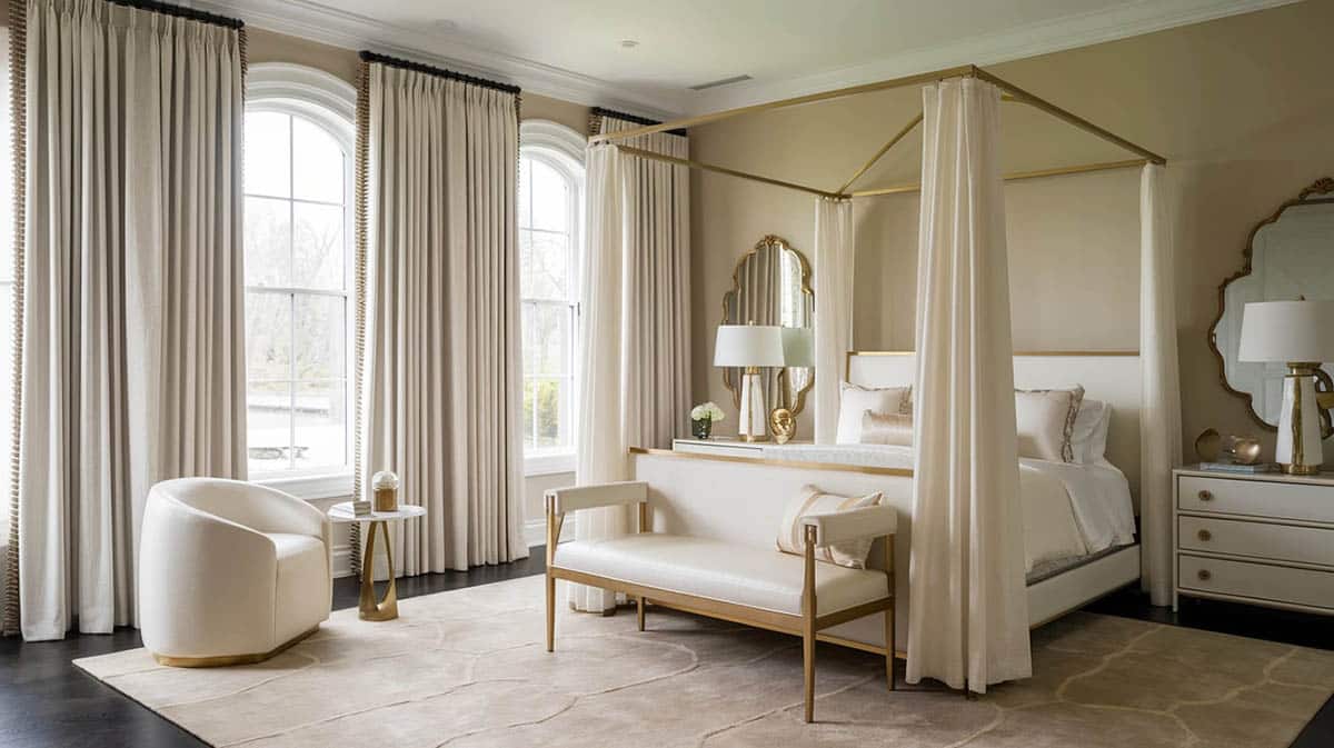 Elegant master bedroom with ivory curtains four poster bed and furniture with cream and gold