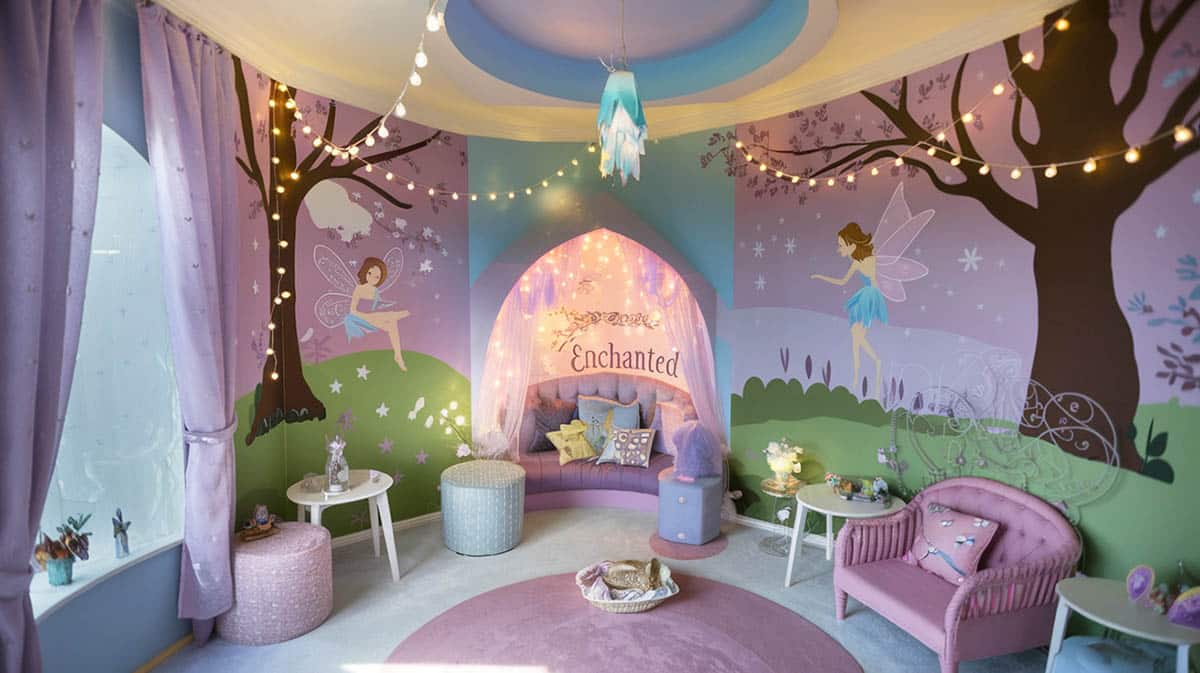 Fantasy fairyland playroom with twinkle lights pastel colors and wall decals