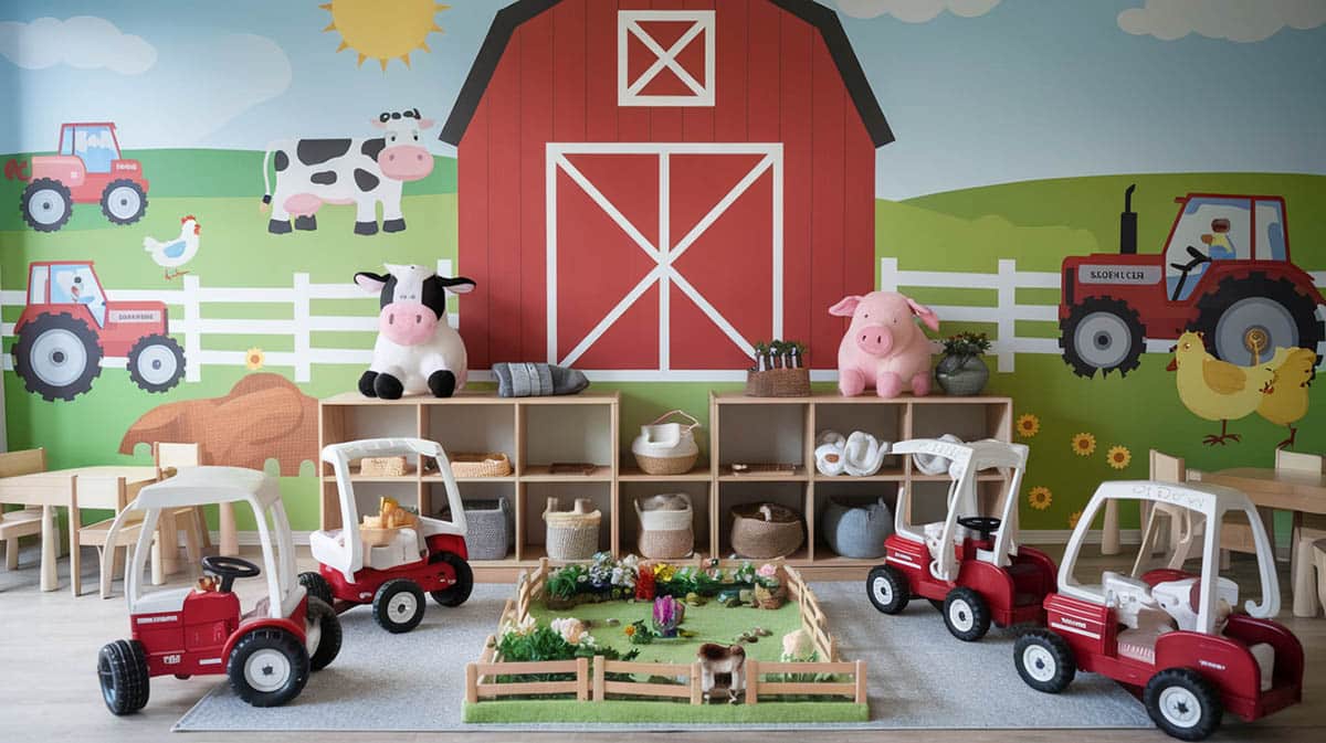 Farmyard fun playroom with barn wall mural animal plushies and tractors