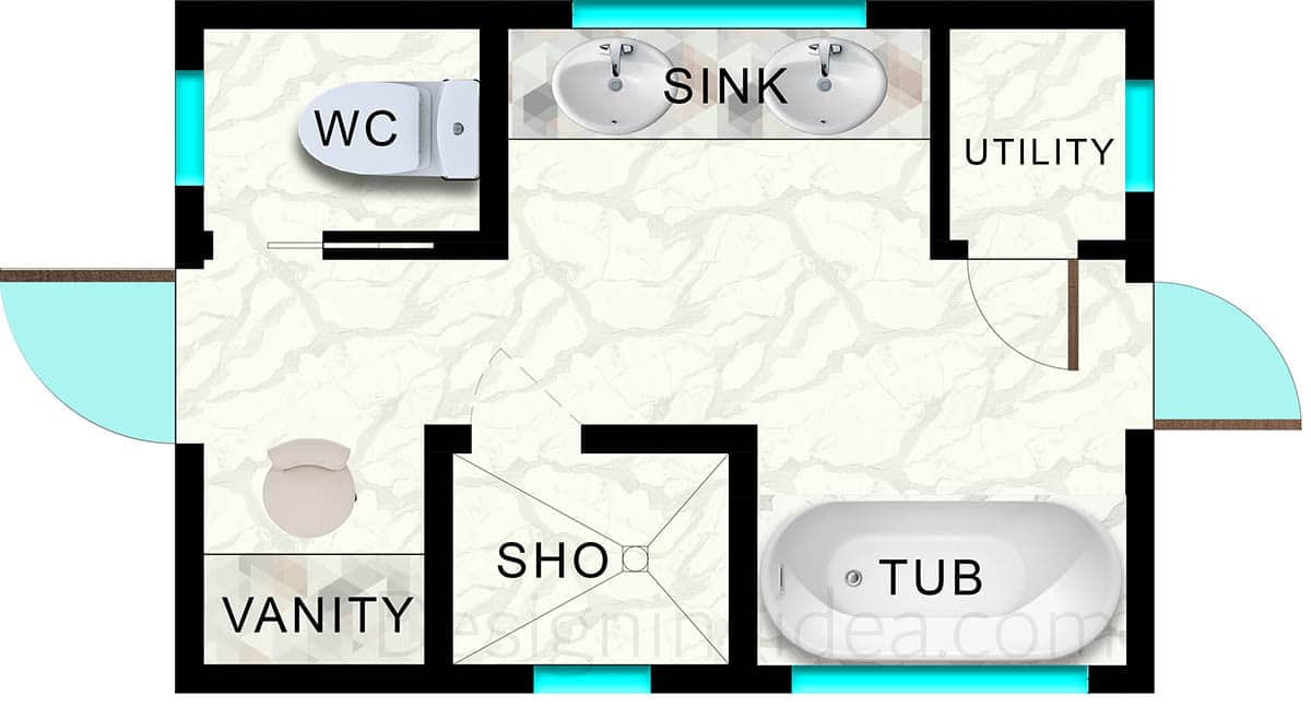 Galley style bathroom plan with shower next to tub