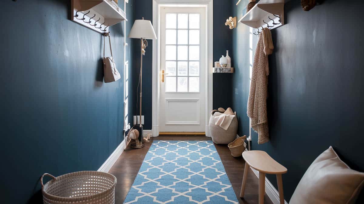 Hallway with runner rugs and coat hangers