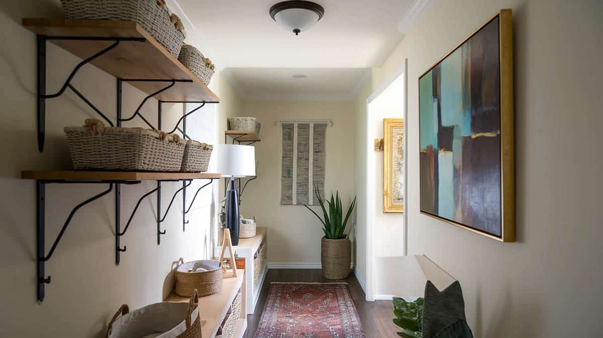 Hallway with wood shelving and storage baskets