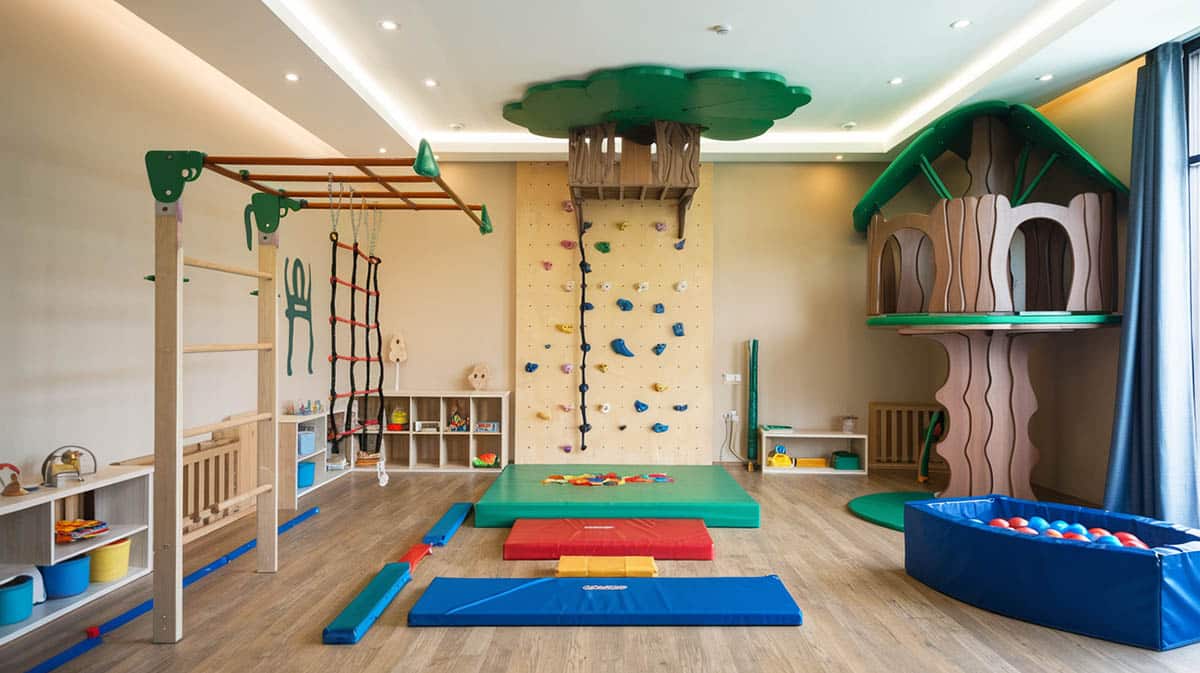 Indoor adventure fitness playroom with climbing wall monkey bars, and tree house with platform 