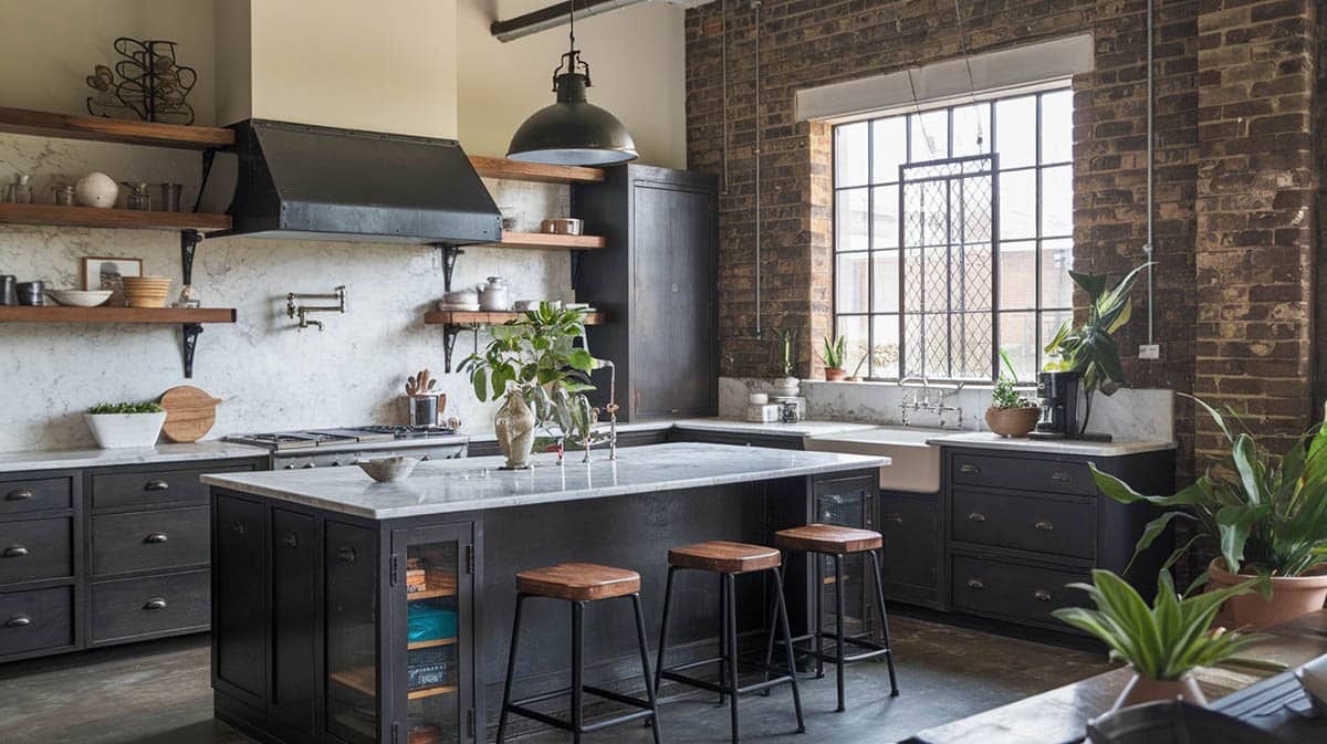 Industrial kitchen with brick wall, dark cabinets and island with stone slab backsplash