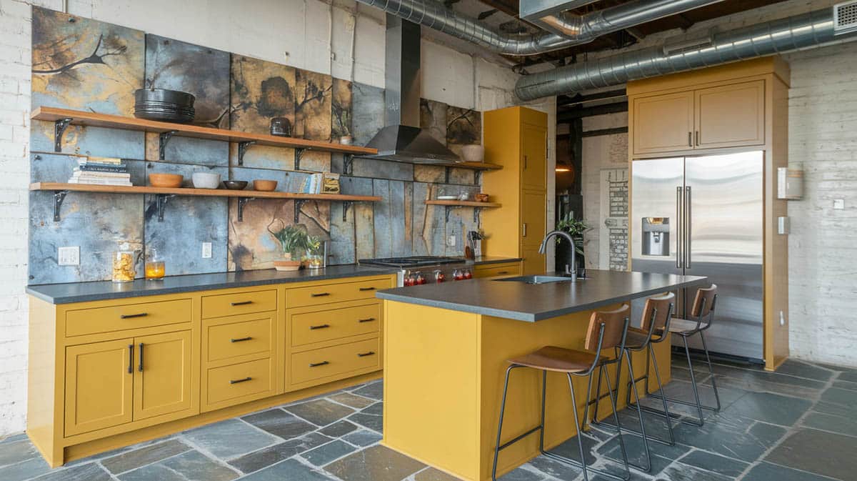 Industrial urban loft kitchen with mustard shaker cabinets gray concrete countertops concrete panel walls