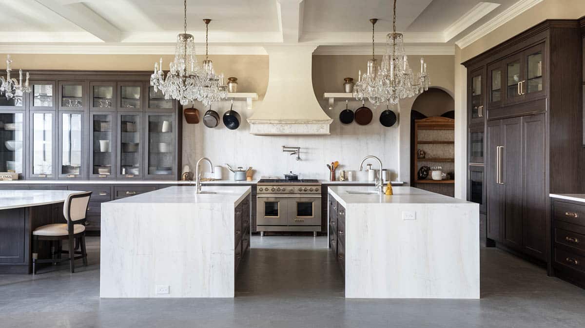 Elegant kitchen with open floor plan, five chandeliers, two islands and espresso and glass cabinets