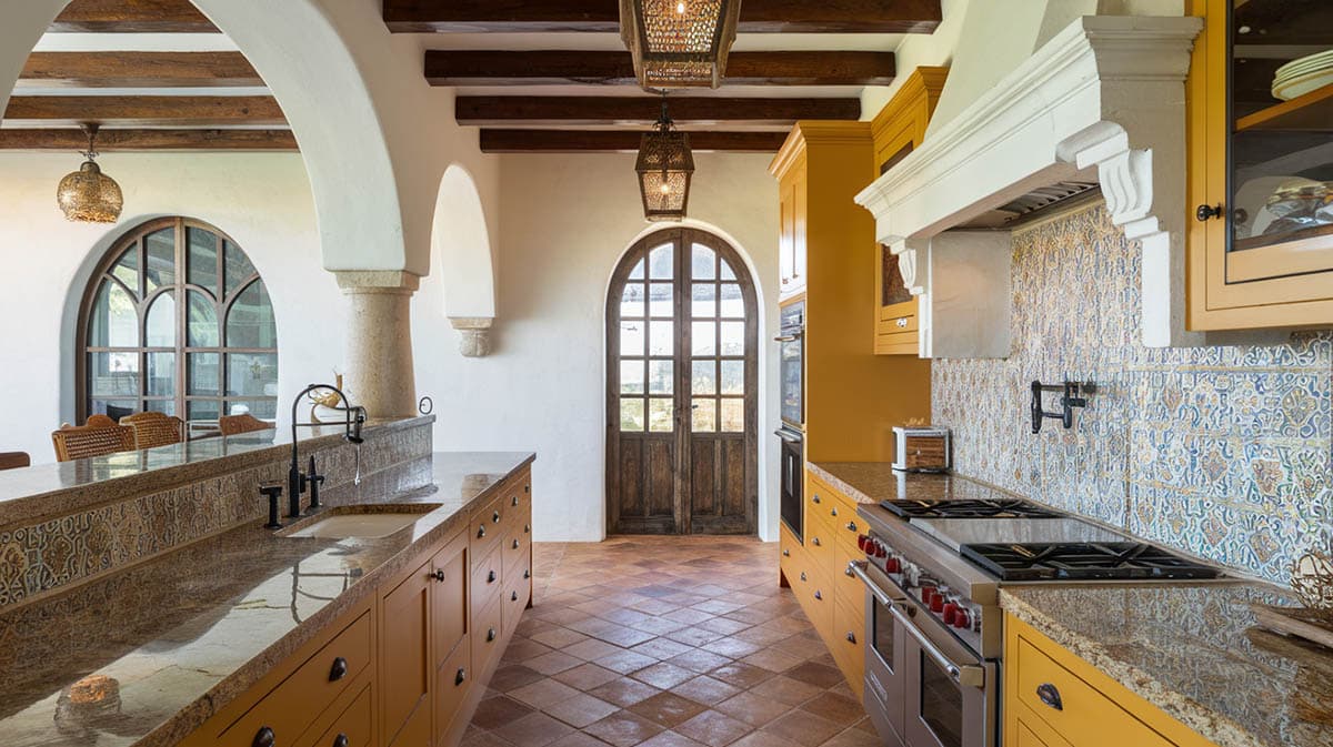 Mediterranean kitchen with warm brown and beige tones and hand-painted backsplash