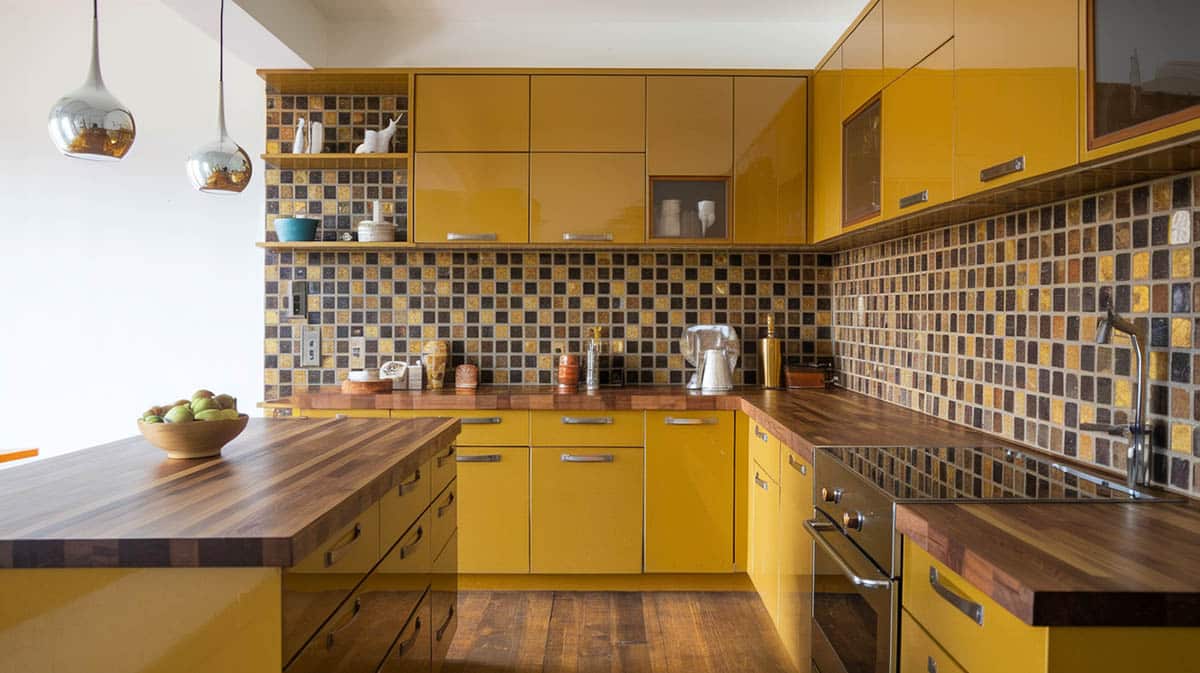 mid-century modern kitchen with a color theme of brown and mustard