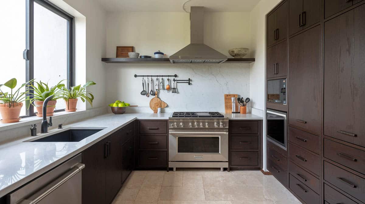 Asian-inspired kitchen with u-shape layout, dark hue cabinets and white solid countertops with black sink