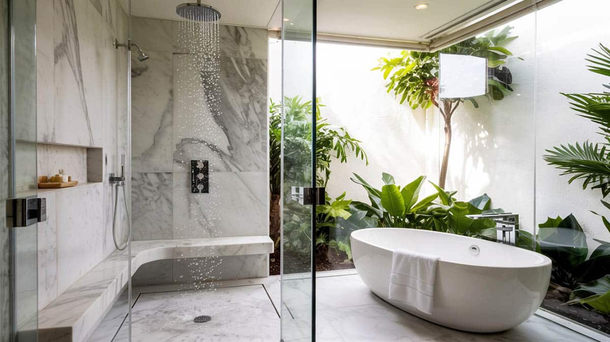 Bathroom with large rain drop shower and large soaking tub