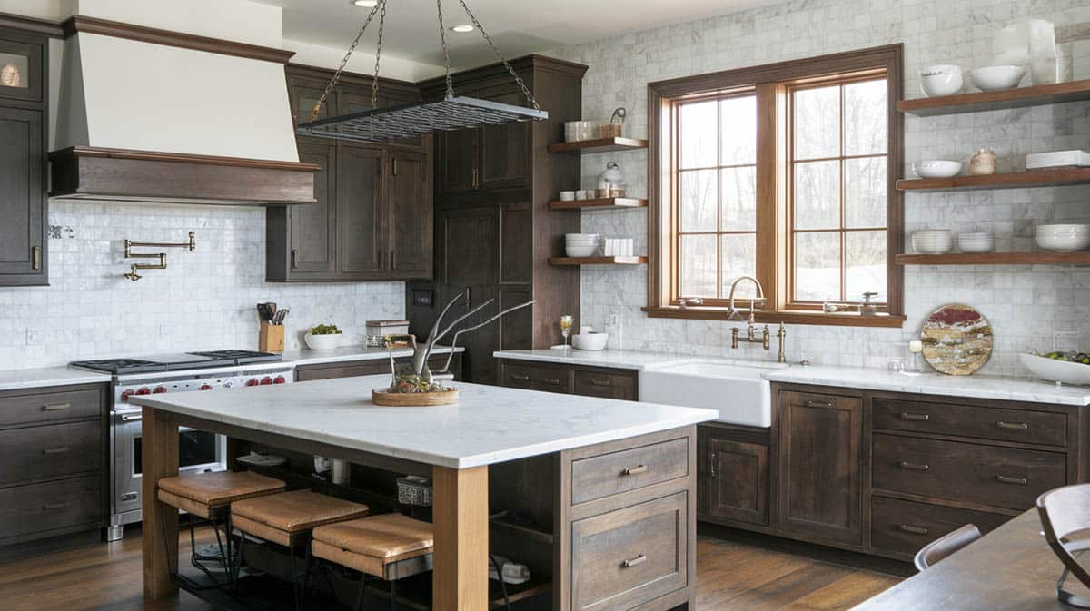 Modern farmhouse kitchen with white rectangular tile for backsplash and brown-hued cabinetry