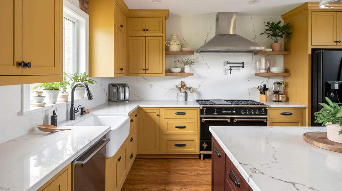 Modern farmhouse kitchen with l-shape and island with yellow cupboards