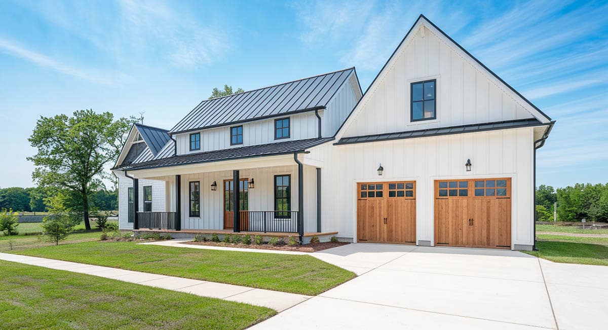 Farmhouse exterior with white, black paint and brown elements