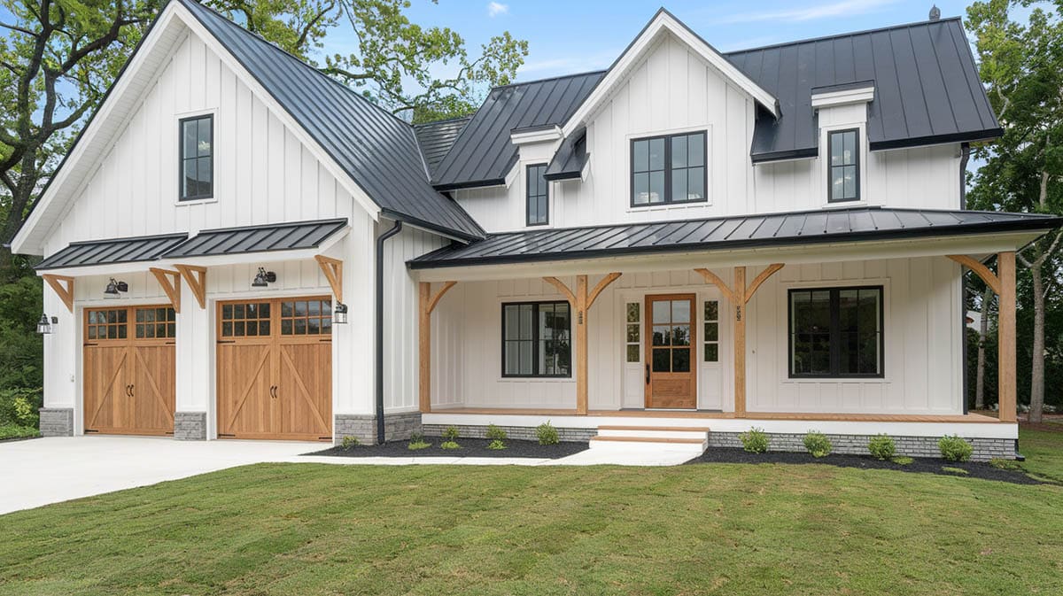 Modern farmhouse with white exterior, black trim and roof, and wooden garage doors with covered porch