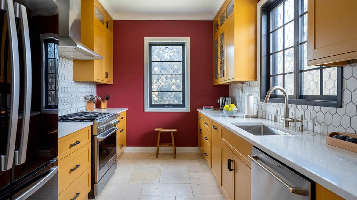 Kitchen with burgundy and mustard tones