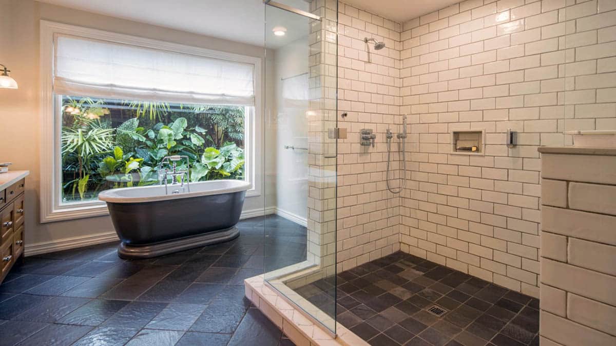 Bathroom with white subway tiles