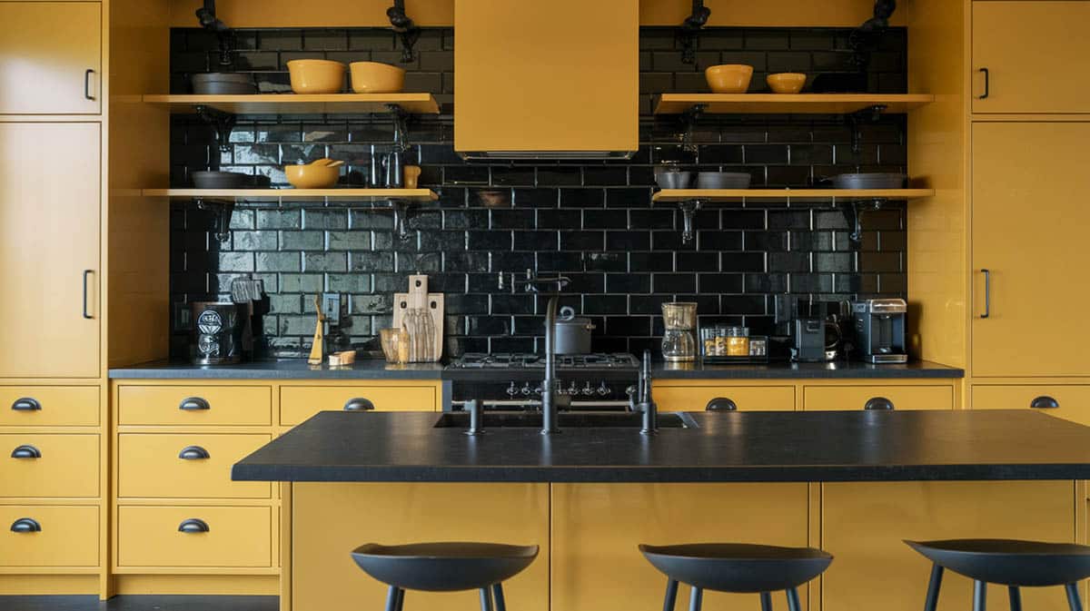 Modern monochrome kitchen with black quartz and yellow painted cabinets