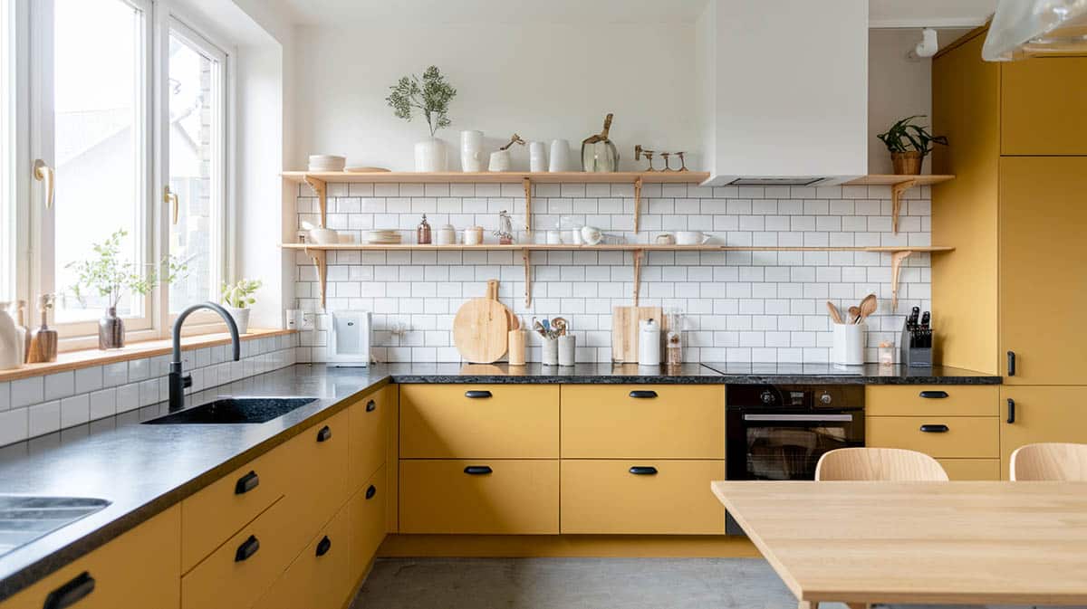 Modern Scandinavian kitchen with matte black granite countertops and subway tile