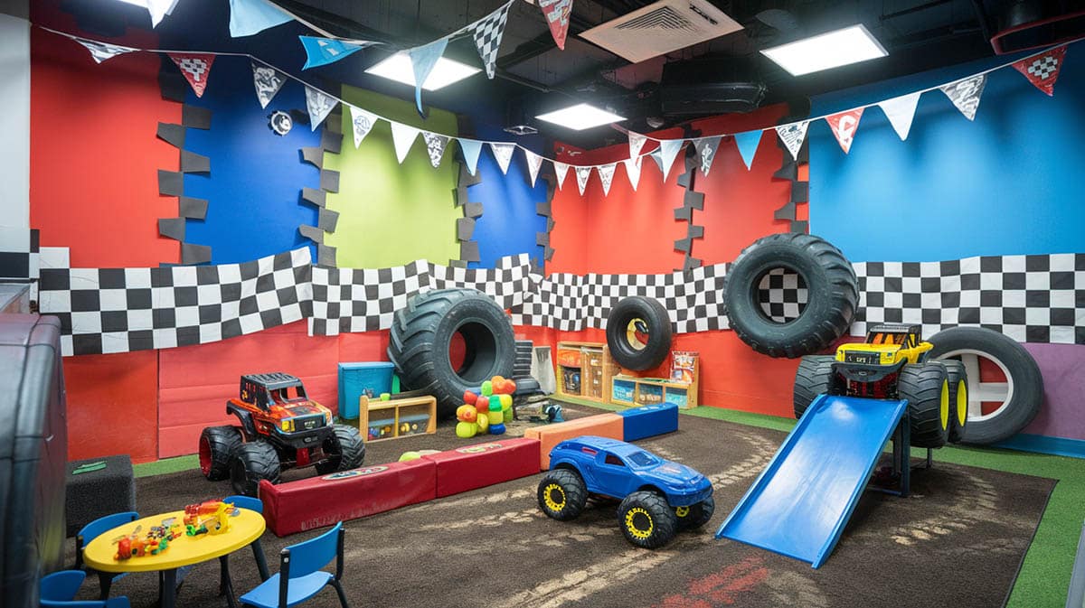 Monster truck rally playroom with oversized wheel decals and checkered flag banners