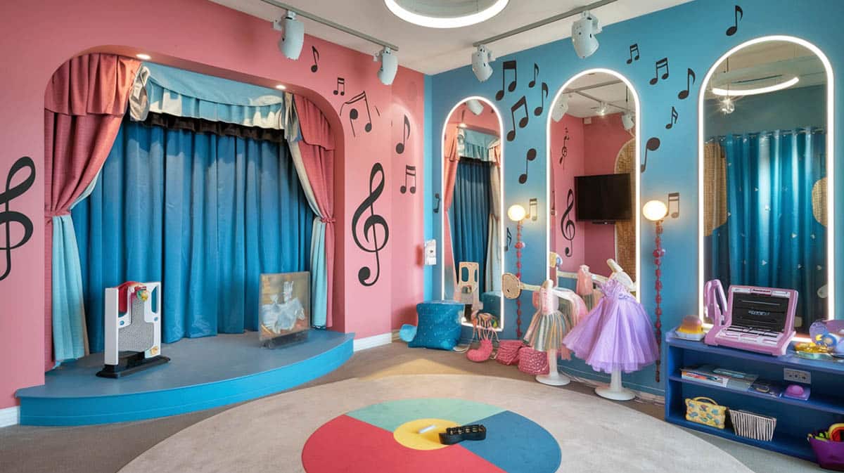 Music and dance studio playroom with stage, music note wall decals and mirrors