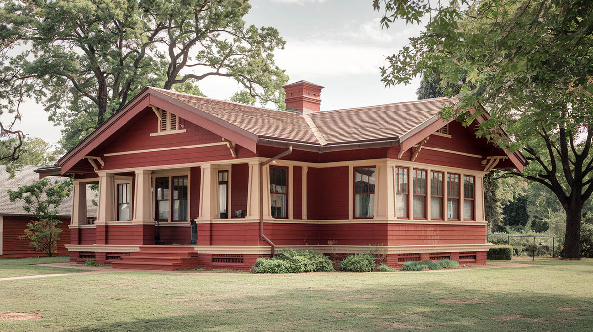 One story bungalow with rustic red exterior and sand colored trim