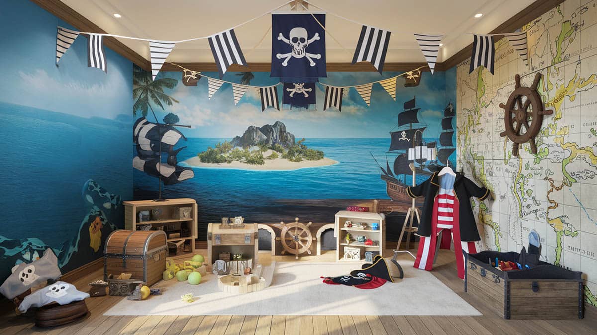 Pirate adventure playroom theme with ship flag, steering wheel and ocean treasure map 