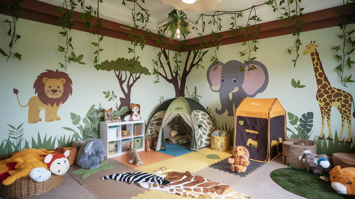 Playroom with adventure jungle theme with artificial vines animal wall decals 