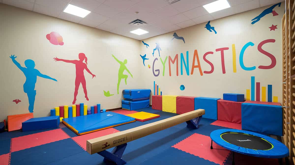 Playroom with gymnastics theme decorated with bright colors and padded flooring