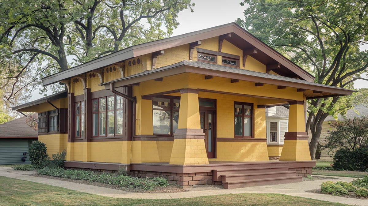 Prairie-style bungalow that is painted deep yellow with chocolate brown trim