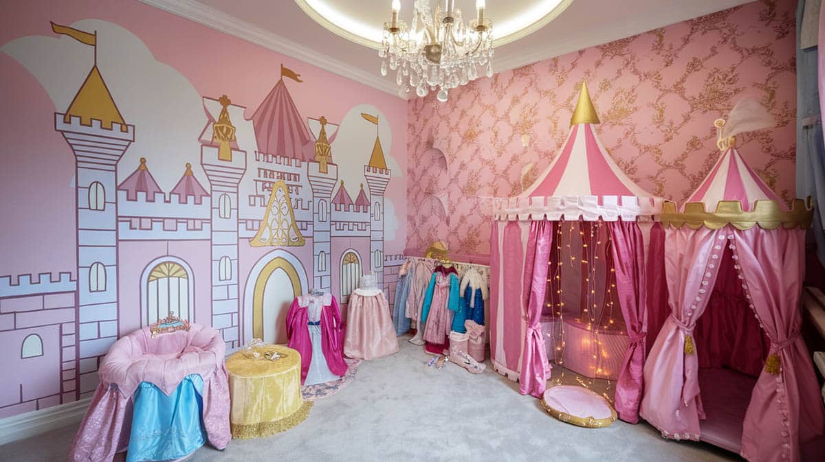 Princess palace playroom with mural with castle pink and gold colors