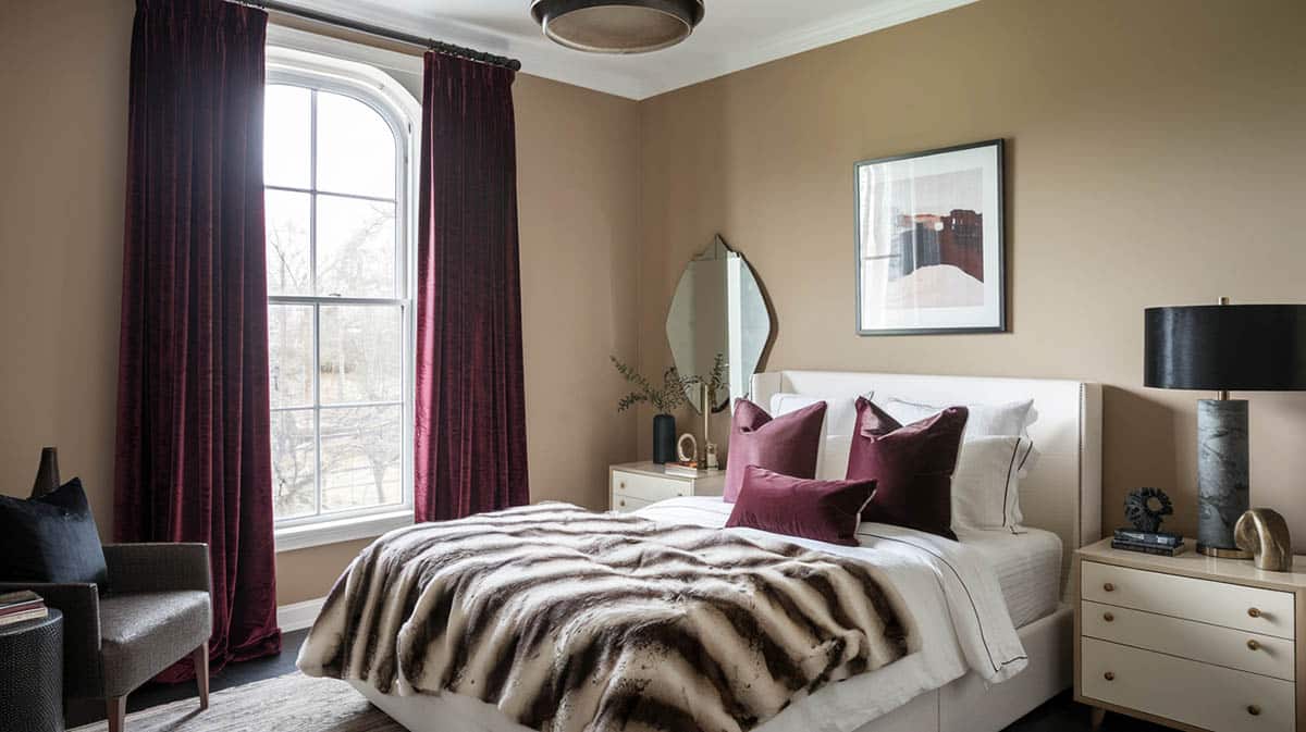 Relaxing bedroom with merlot hue curtains and pillows with patterned bed throw