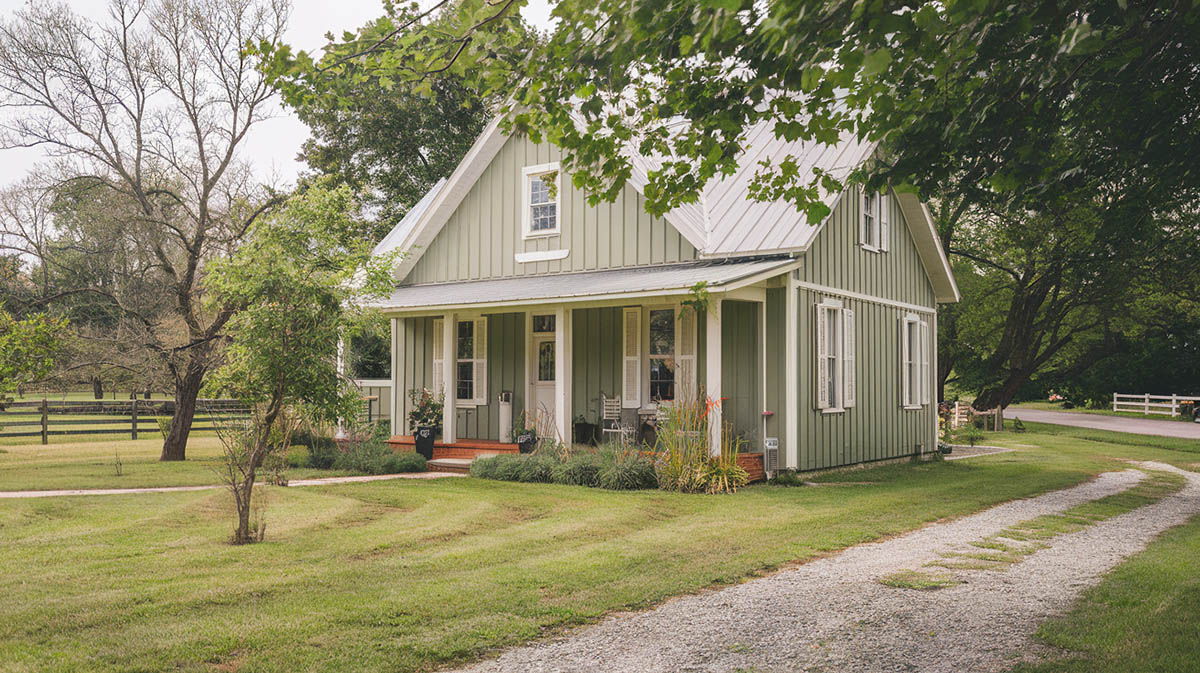 Sage green country painted house with white on shutters and trim 