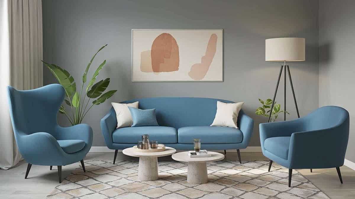 Sitting room with 60 30 10 theme with blue sofa chairs gray walls off white lamps