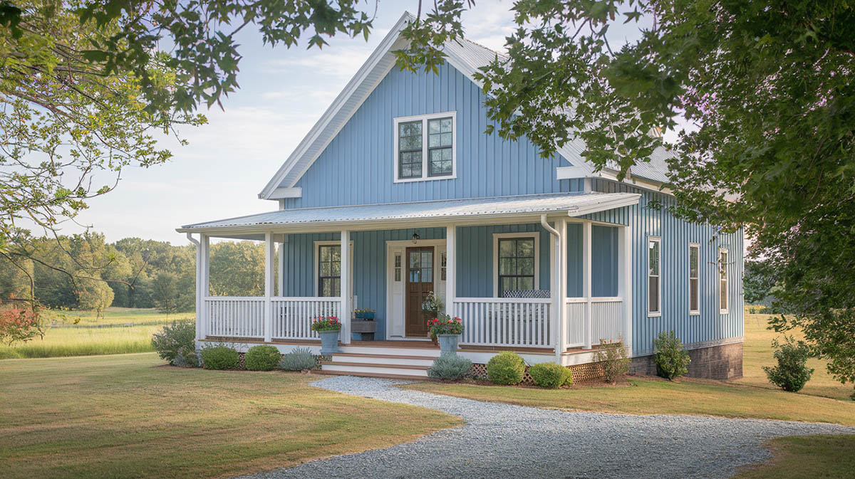 Sky blue farmhouse with wood door and gravel driveway