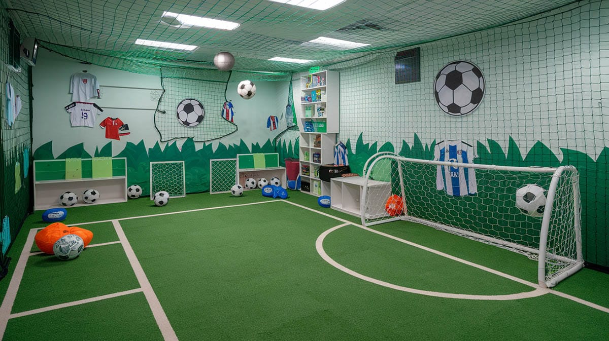 Soccer field playroom with green turf carpeting goal nets and soccer balls