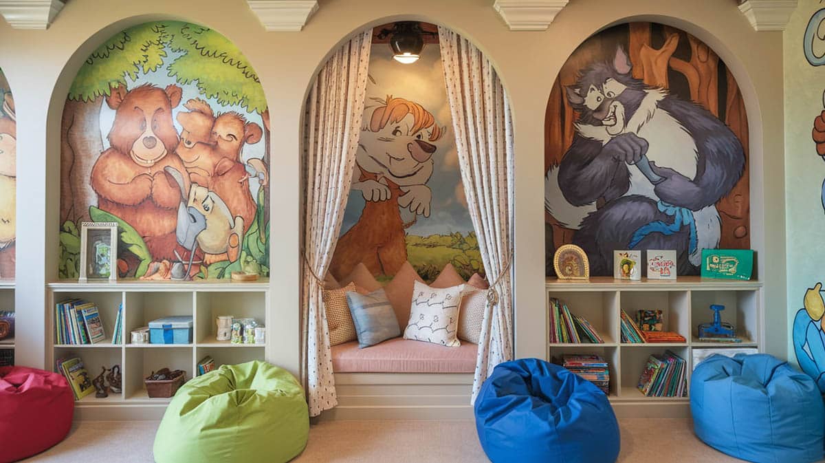 Story book nook playroom with bench reading seat, curtains and nursery wall