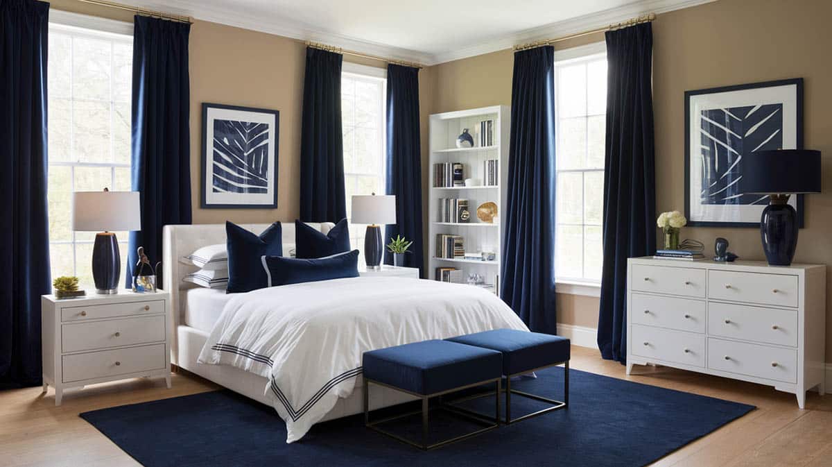 Bedroom with stylish navy blue for the curtains, area rug, artwork, ottoman and pillows