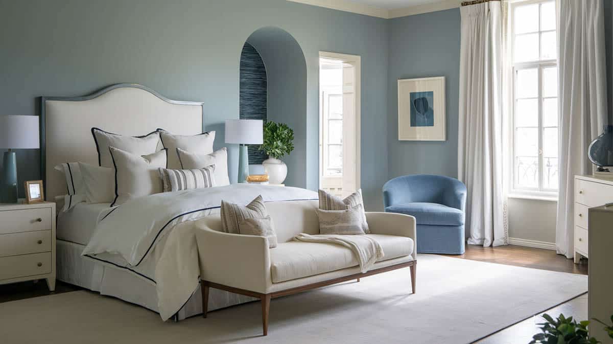 Bedroom with relaxing muted blue and white color theme