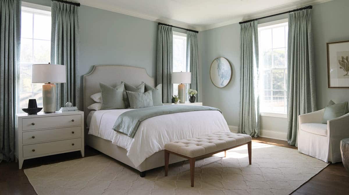 Stylish bedroom with sage green curtains on windows