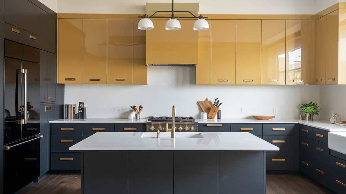 Stylish kitchen with mustard upper cabinets and charcoal lower cabinets with white quartz stone counters